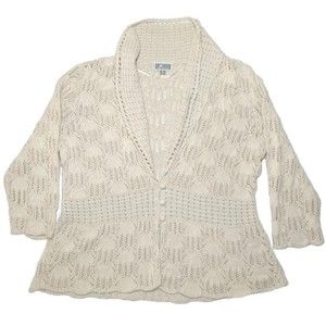 JM Collection Women Sweater Jacket XL Beige Cardigan Crochet Open Knit Buttons‎